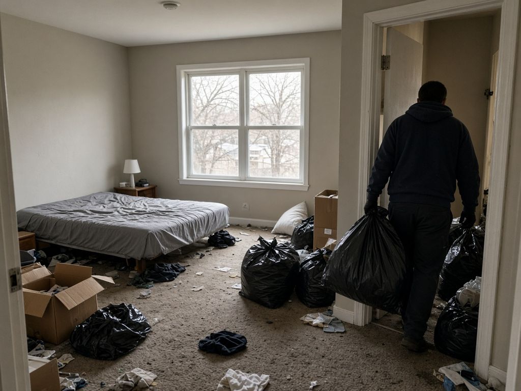 Worker carrying bags out of a cluttered vacated apartment
