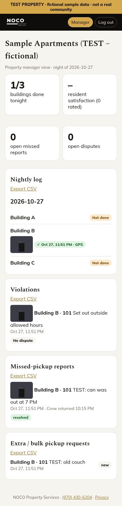 Property manager nightly log