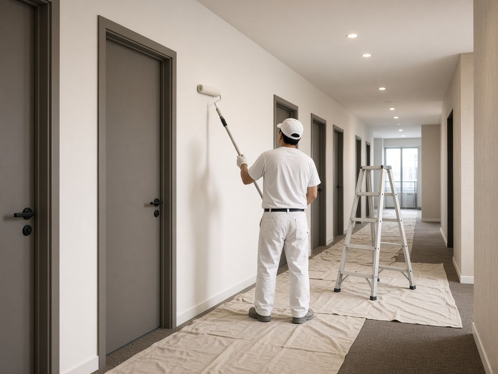 Painter rolling fresh paint in an apartment hallway