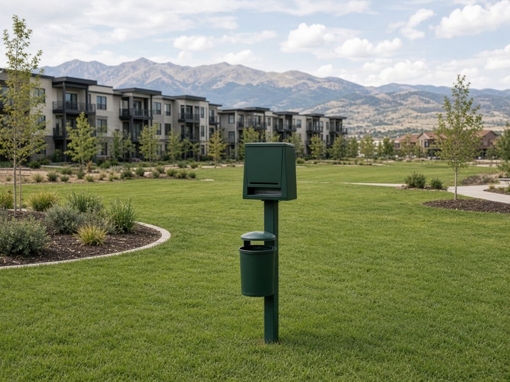 Pet waste station on an apartment community lawn
