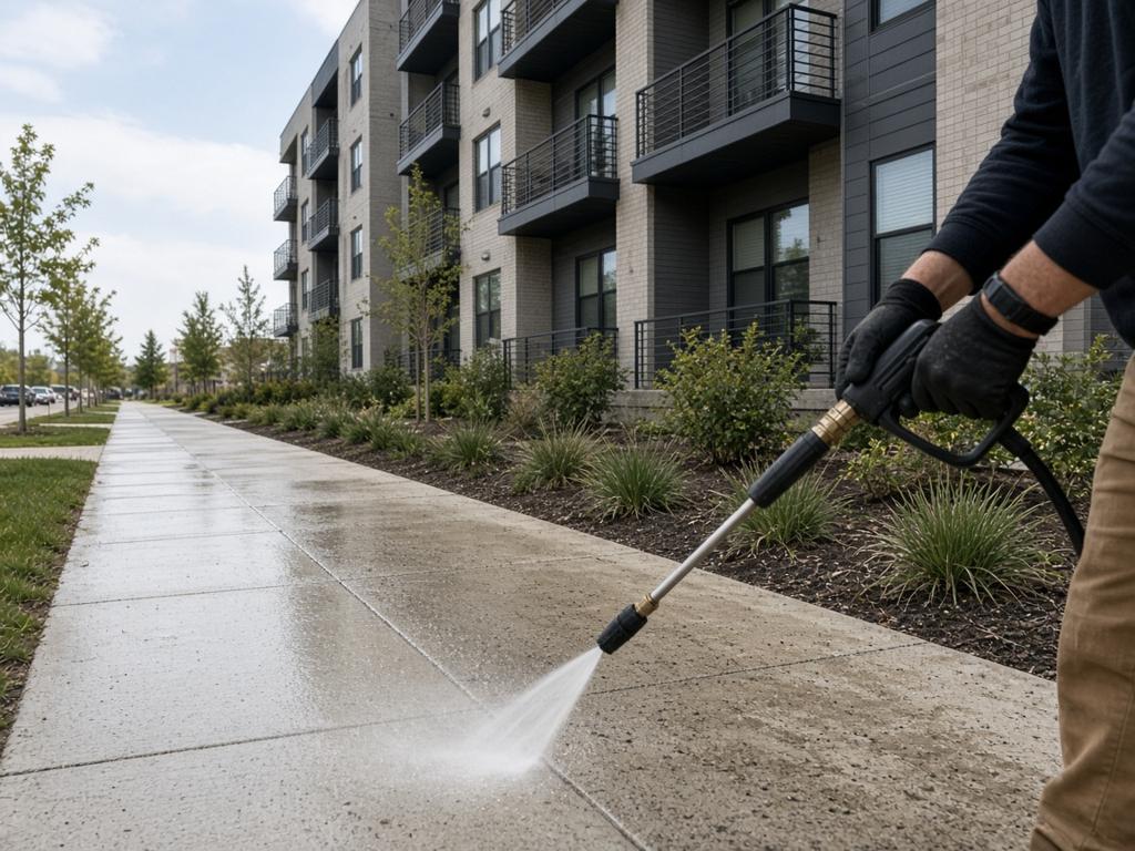 Pressure washing a sidewalk outside an apartment building