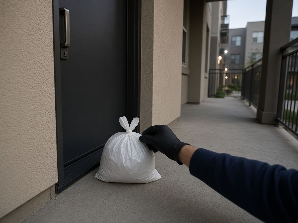 Trash bag set out by an apartment door for pickup